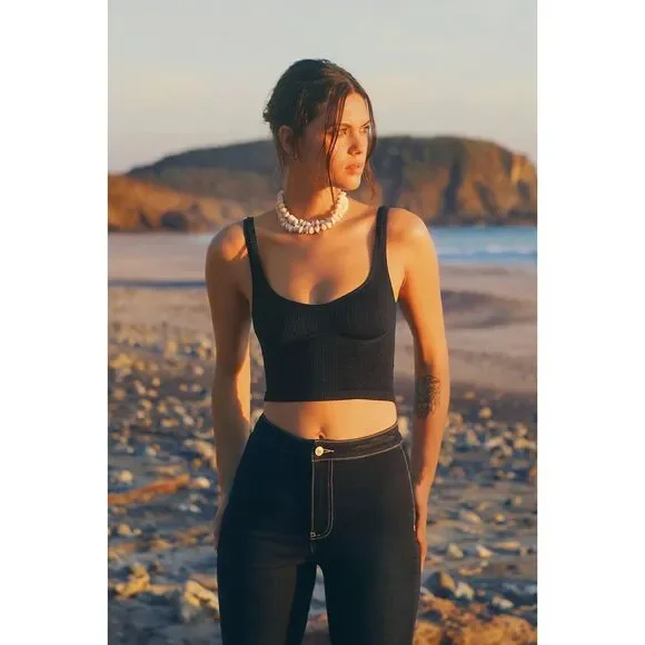 Free People Intimately Meg Crop Top Navy Blue Tank Bra Size M/L Y2K Boho NWOT - Picture 1 of 6